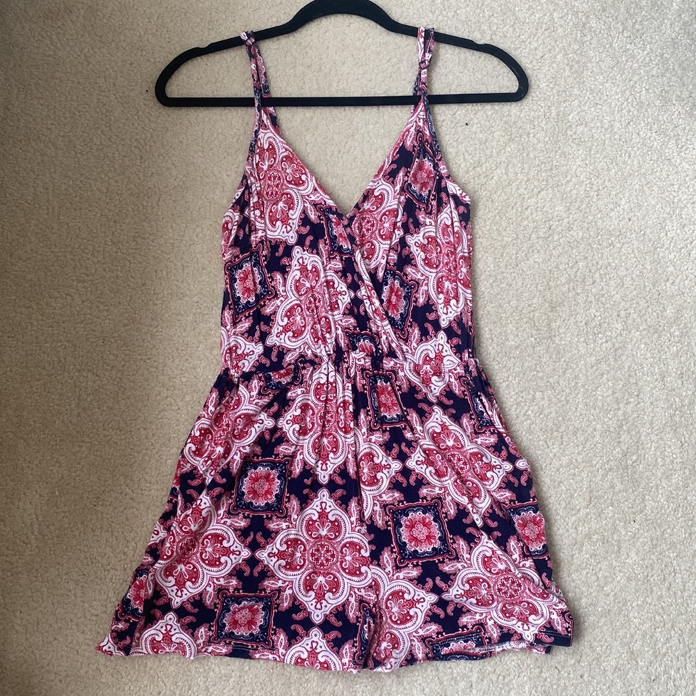 Charlotte Russe Pink and Navy paisley romper (with pockets!)